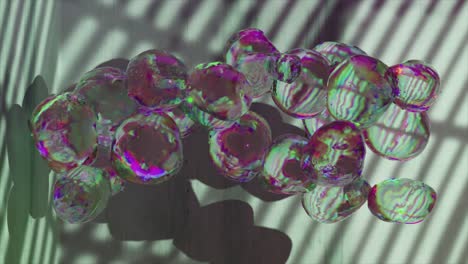 Ein-Regal-Aus-Holz-Und-Steinen-Verwandelt-Sich-In-Regenbogenblasen,-Deren-Schatten-An-Der-Wand-Sich-Aufbläst,-3D